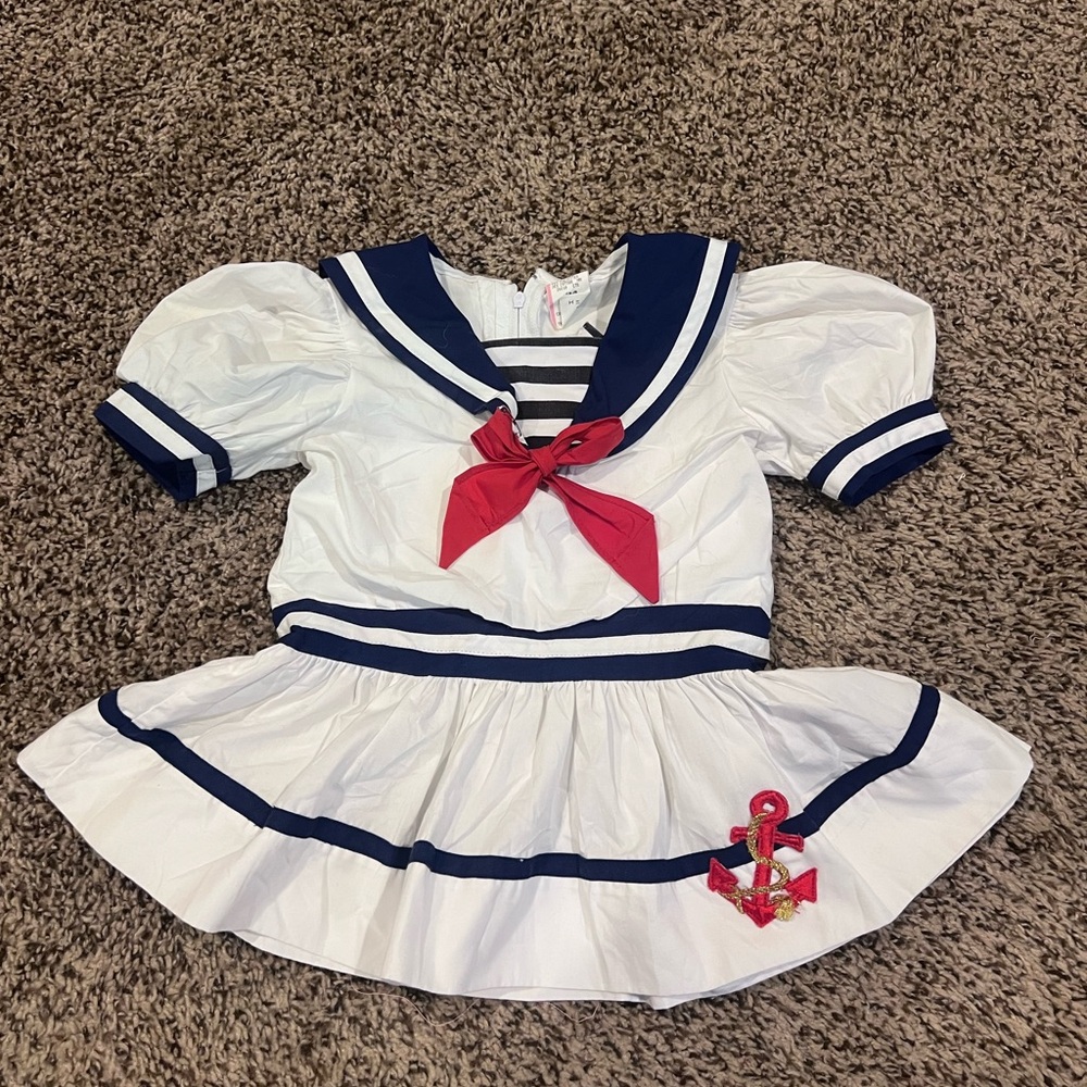 Vintage 90s Girls White Navy Sailor Dress with Red Bow